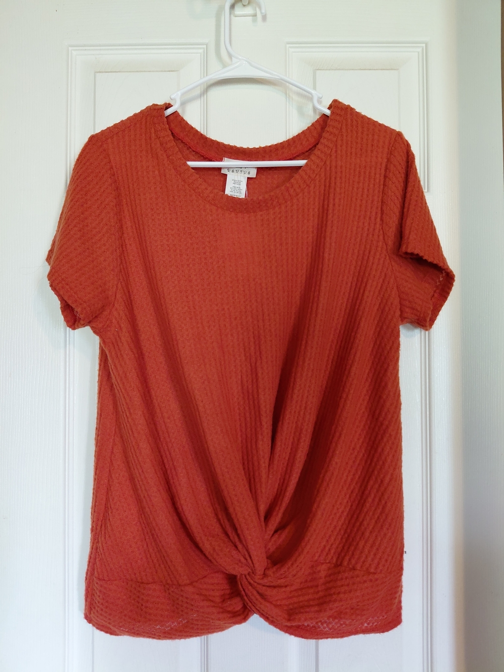 Waffle Knit Twist-Front Short Sleeve Top - Rust 1XL